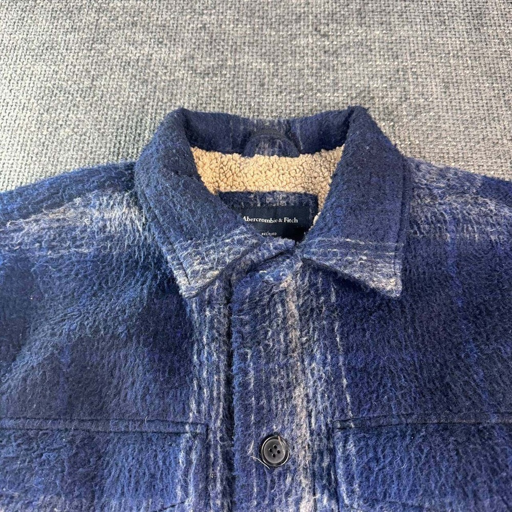 Abercrombie & Fitch Shirt Jacket Mens L Blue Plaid Sherpa Wool Blend Relaxed - Picture 4 of 16